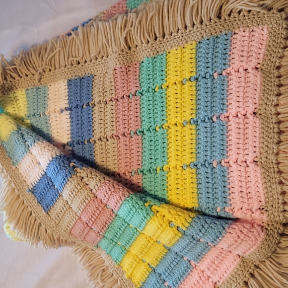 Handmade knitted blanket throw with fringe trim multi rainbow colours - Picture 4 of 7